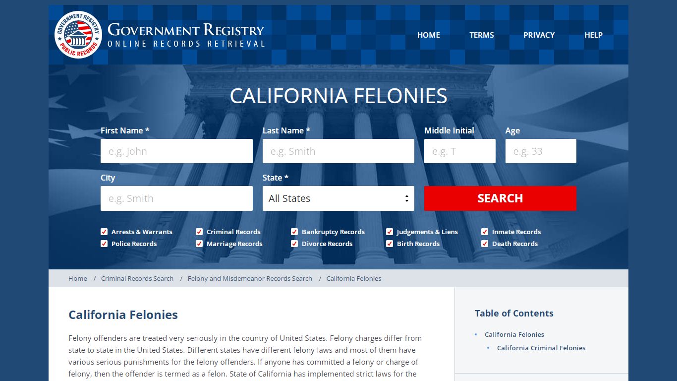 California Criminal Felonies - GovernmentRegistry.Org
